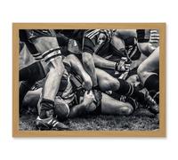 B&W Rugby Match Close Up Scrum Teams HDR A4 Artwork Framed Wall Art Print Artery8 Light Oak One Size