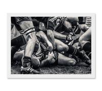 B&W Rugby Match Close Up Scrum Teams HDR A4 Artwork Framed Wall Art Print Artery8 White One Size