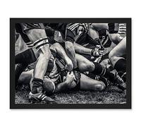 Artery8 B&W Rugby Match Close Up Scrum Teams HDR Artwork Framed A3 Wall Art Print
