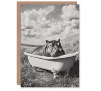 Artery8 Greeting Card Baby Hippo in Bathtub Black White Surreal Blank For Him Or Her Art Birthday Card
