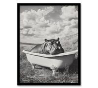 Artery8 Baby Hippo in Bathtub Black White Surreal Framed Art Print in Grey | Size: A4 Artery8 Grey A4