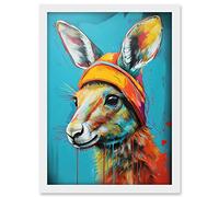 Artery8 Baby Kangaroo Joey Wearing Hat Teal and Orange Artwork Framed A3 Wall Art Print