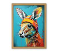 Artery8 Baby Kangaroo Joey Wearing Hat Teal and Orange Artwork Framed Wall Art Print 18X24 Inch