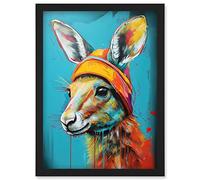 Artery8 Baby Kangaroo Joey Wearing Hat Teal and Orange Artwork Framed Wall Art Print A4