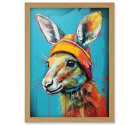 Artery8 Baby Kangaroo Joey Wearing Hat Teal and Orange Artwork Framed Wall Art Print A4