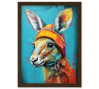 Artery8 Baby Kangaroo Joey Wearing Hat Teal and Orange Artwork Framed Wall Art Print A4