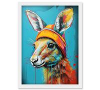 Artery8 Baby Kangaroo Joey Wearing Hat Teal and Orange Artwork Framed Wall Art Print A4