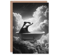Artery8 Badger in Bathtub on a Mountain Cliff Black White Greeting Card in Grey Artery8 Grey