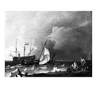 Artery8 Bakhuysen Rough Sea Storm Seascape Bw Painting Premium Wall Art Canvas Print 18X24 Inch