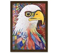 Artery8 Bald Eagle Bird And Abstract Pattern Folk Art Watercolour Painting Artwork Framed A3 Wall Art Print