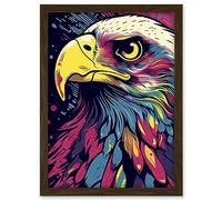 Artery8 Bald Eagle Linocut Portrait Colourful Feathers USA Symbol Modern Pop Art Artwork Framed A3 Wall Art Print