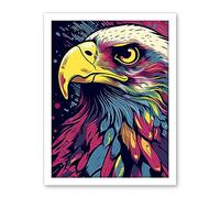 Artery8 Bald Eagle Linocut Portrait Colourful Feathers USA Symbol Modern Pop Art Artwork Framed Wall Art Print 18X24 Inch