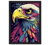 Artery8 Bald Eagle Linocut Portrait Colourful Feathers USA Symbol Modern Pop Art Artwork Framed Wall Art Print A4