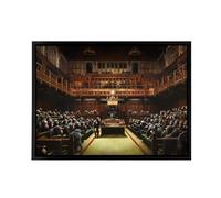 Artery8 Banksy Devolved Parliament Chimps Black Framed Canvas Wall Art 12X16: Satirical modern artwork filled with wit and meaning, contemporary political décor perfect for modern spaces or gifts.