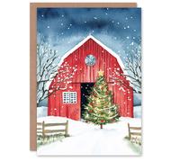 Artery8 Barn Decorated Tree Winter Landscape Blank For Him Or Her Art Xmas Festive Christmas Card