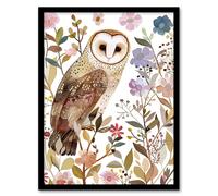 Artery8 Barn Owl Bird with Wildflowers Floral Watercolour Living Room Artwork Framed Wall Art Print A4