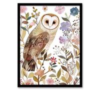 Artery8 Barn Owl Bird with Wildflowers Floral Watercolour Living Room Artwork Framed Wall Art Print 18X24 Inch