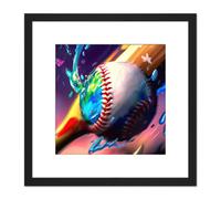Artery8 Baseball Bat Hitting Ball Multicoloured Colourful Oil Painting Square Wooden Framed Wall Art Print Picture 8X8 Inch in Black Artery8 Black