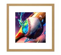 Artery8 Baseball Bat Hitting Ball Multicoloured Colourful Oil Painting Square Wooden Framed Wall Art Print Picture 8X8 Inch in Light Oak Artery8 Light Oak