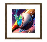 Artery8 Baseball Bat Hitting Ball Multicoloured Colourful Oil Painting Square Wooden Framed Wall Art Print Picture 8X8 Inch in Brown Artery8 Brown