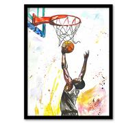 Artery8 Basketball Player Jump Hoop Sport Watercolour Framed Art Print | Size: A4 Artery8 Multicolor A4