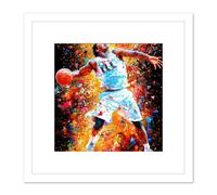 Artery8 Basketball Player Slam Dunk Action Oil Paint Painting Square Wooden Framed Wall Art Print Picture 8X8 Inch in White Artery8 White