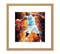 Artery8 Basketball Player Slam Dunk Action Oil Paint Painting Square Wooden Framed Wall Art Print Picture 8X8 Inch in Light Oak Artery8 Light Oak