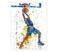 Artery8 Basketball Player Slam Dunk Sport Watercolour Wall Art Print in White | Size: W12" x H16" Artery8 White W12" x H16"