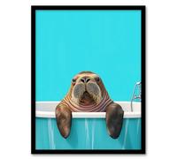 Bath Time Cute Walrus in Bathtub Vibrant Fun Framed Art Print Artery8 Blue A4
