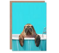 Artery8 Bath Time Cute Walrus in Bathtub Vibrant Fun Birthday Greeting Card in Blue Artery8 Blue