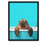 Artery8 Bath Time Cute Walrus in Bathtub Vibrant Fun Framed Art Print in Blue | Size: W12" x H16" Artery8 Blue W12" x H16"