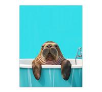 Artery8 Bath Time Cute Walrus in Bathtub Vibrant Fun Wall Art Print in Blue | Size: W12" x H16" Artery8 Blue W12" x H16"