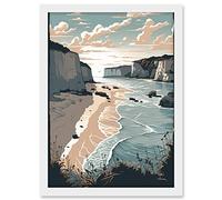 Artery8 Bay with Cliffs Pastel Colour Coastal Landscape Artwork Framed A3 Wall Art Print