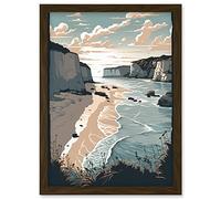 Artery8 Bay with Cliffs Pastel Colour Coastal Landscape Artwork Framed Wall Art Print A4