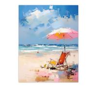 Artery8 Beach Chair Under Pink Umbrella Oil Painting Palette Knife Bright Summer Coastal Landscape Large Wall Art Poster Print Thick Paper 18X24 Inch