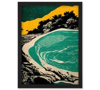 Artery8 Beach Lagoon Abstract Marbled Seascape Mustard Teal Wall Art Print - A4 Size