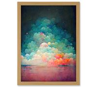 Artery8 Beach Sunset In Bubble Clouds Dreamy Surreal Abstract Artwork Framed Wall Art Print A4 in Light Oak Artery8 Light Oak