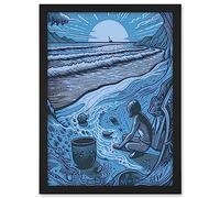 Artery8 Beachcombing Coastal Landscape Blue Illustration Artwork Framed A3 Wall Art Print
