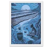 Artery8 Beachcombing Coastal Landscape Blue Illustration Artwork Framed A3 Wall Art Print