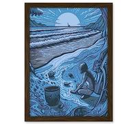 Artery8 Beachcombing Coastal Landscape Blue Illustration Artwork Framed A3 Wall Art Print