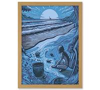 Artery8 Beachcombing Coastal Landscape Blue Illustration Artwork Framed A3 Wall Art Print