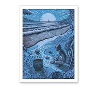 Artery8 Beachcombing Coastal Landscape Blue Illustration Artwork Framed Wall Art Print 18X24 Inch