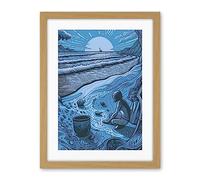 Artery8 Beachcombing Coastal Landscape Blue Illustration Artwork Framed Wall Art Print 18X24 Inch