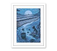 Artery8 Beachcombing Coastal Landscape Blue Illustration Artwork Framed Wall Art Print 18X24 Inch