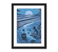 Artery8 Beachcombing Coastal Landscape Blue Illustration Artwork Framed Wall Art Print 18X24 Inch