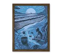 Artery8 Beachcombing Coastal Landscape Blue Illustration Artwork Framed Wall Art Print 18X24 Inch