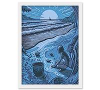 Artery8 Beachcombing Coastal Landscape Blue Illustration Artwork Framed Wall Art Print A4