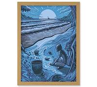 Artery8 Beachcombing Coastal Landscape Blue Illustration Artwork Framed Wall Art Print A4
