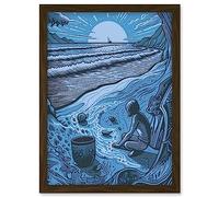 Artery8 Beachcombing Coastal Landscape Blue Illustration Artwork Framed Wall Art Print A4