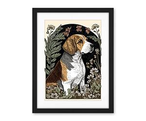 Artery8 Beagle Dog with Daisies Modern Stylised Illustration Artwork Framed Wall Art Print 18X24 Inch